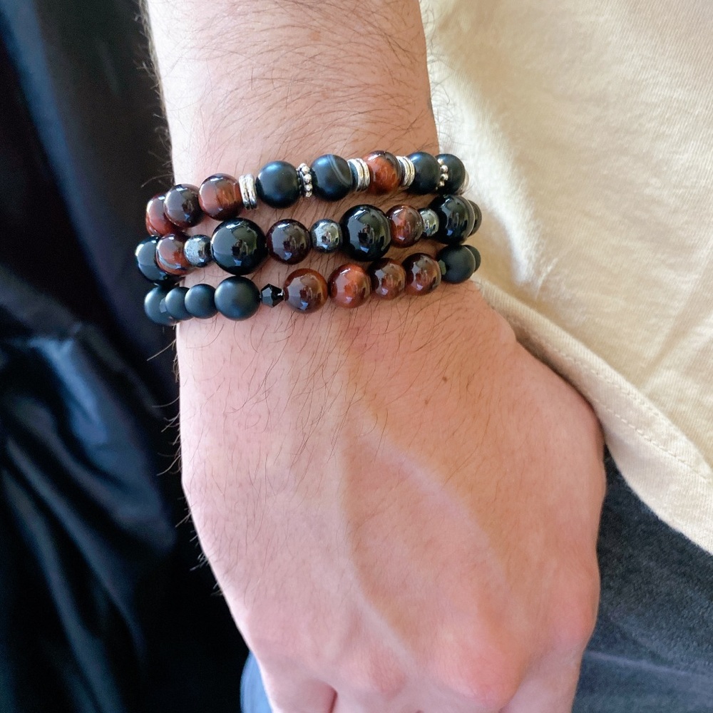 NWOT Men Natural Red Tiger Eye and Agate Bracelet